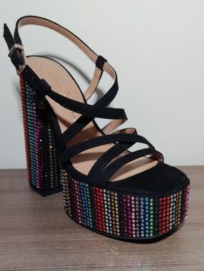 Jessica Simpson Black Strappy Platform Heels with Multicolor Rhinestone Detail